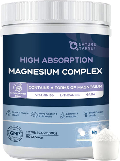 NATURE TARGET Magnesium Powder Supplement for Women & Men, 100 Servings | Magnesium Complex With L-Theanine And Vitamin B6 For Muscle, Heart And Brain Support; Vegan, Sugar-Free, Lemon-Orange Flavor