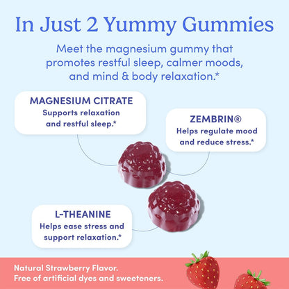 FIRST DAY Kids & Womens' Calming Magnesium Gummies (Strawberry) | Rest & Energy Bedtime Supplement | Balanced Mood | No Melatonin | Clean Label Project Verified® | Vegan, Non-GMO | 30-Day Supply