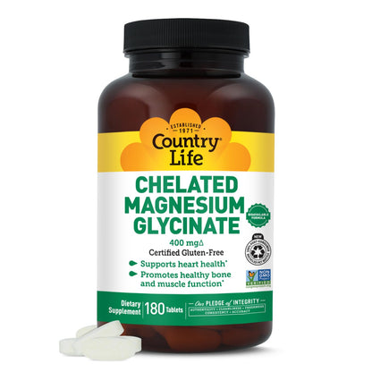 Country Life Chelated Magnesium Glycinate 400mg – High Absorption Magnesium Supplement for Muscle Relaxation, Energy, Bone & Immune Support – Gluten-Free, Vegan, Halal, Non-GMO Verified - 180 Tablets