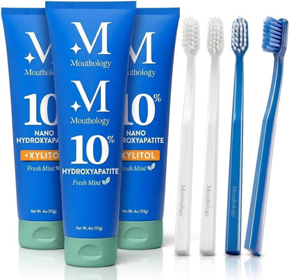 Mouthology Family Oral Care Bundle - 10% Nano Hydroxyapatite Toothpaste 3-Pack (Fluoride Free, Mint, 4oz Each) + 4 Nano Silver Ultra Soft Toothbrushes for Sensitive Teeth & Gums