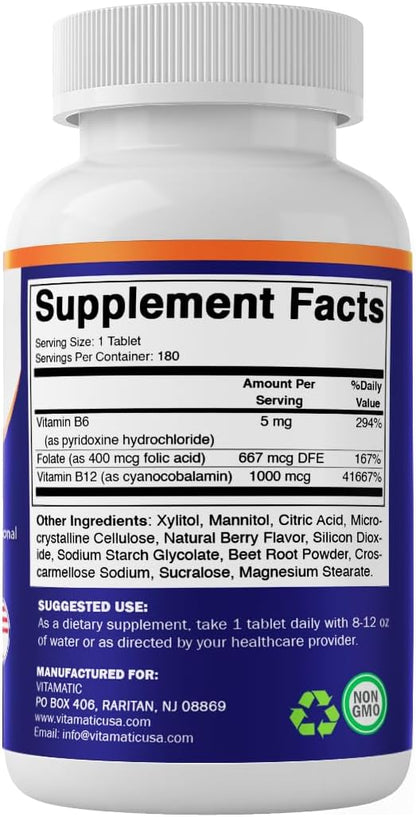 Vitamatic Folic Acid, Vitamin B12 & B6 – 180 Fast Dissolve Tablets Heart Health, Energy Production & Red Blood Cell Support