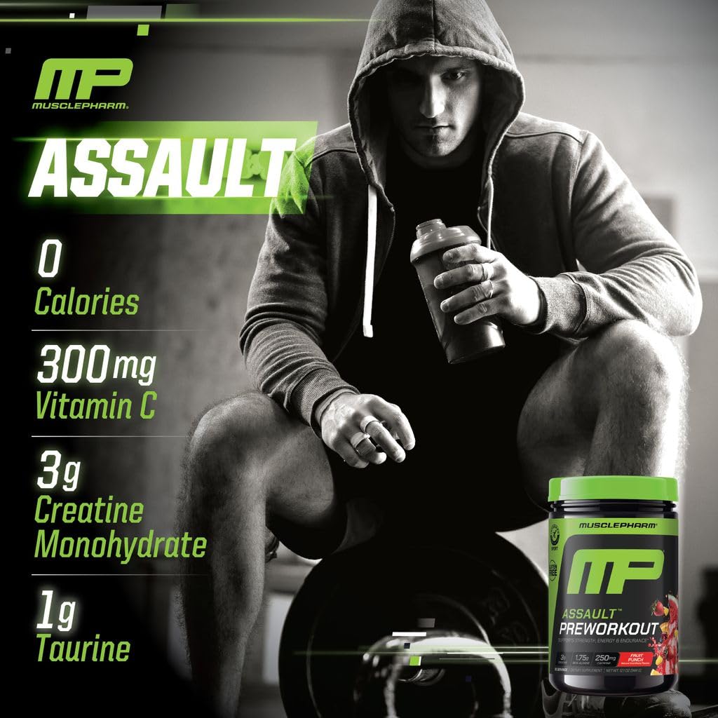 MusclePharm Assault Pre Workout Powder for Men & Women – Energy & Strength Boost Pre-Workout Supplements with Beta Alanine, Caffeine, Creatine & Betaine Anhydrous – 30 Servings, Fruit Punch Flavor