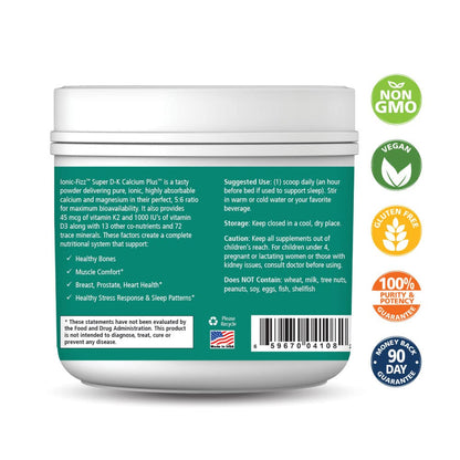 Ionic Fizz Super D-K Calcium Plus by Pure Essence - with Extra Magnesium, Vitamin D3, Vitamin K2 for Strong Bones and Stress Support - Raspberry Lemonade - 14.82oz