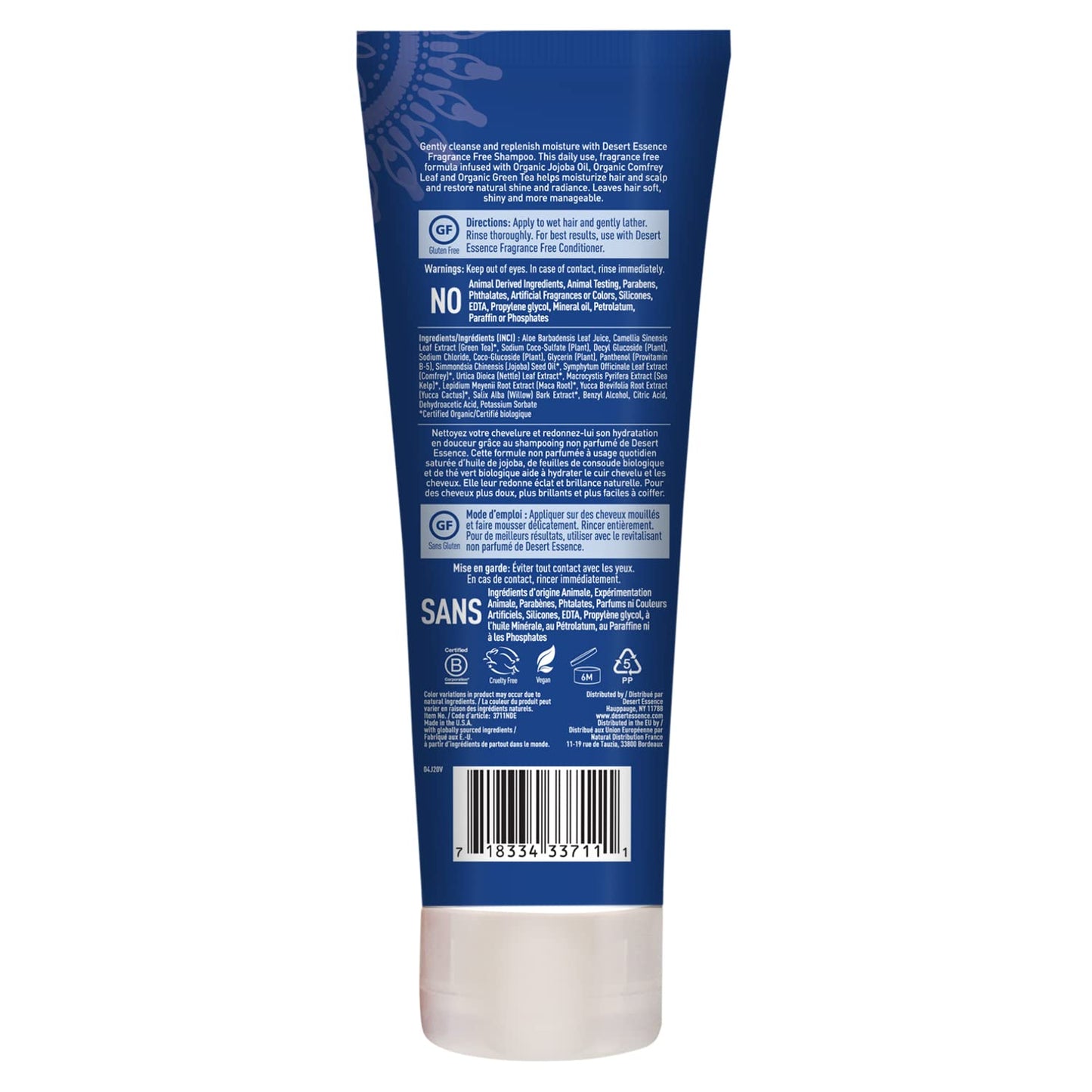 Desert Essence Fragrance Free Shampoo – 8 fl oz – Unscented Gentle Cleanser with Jojoba Oil, Green Tea & Comfrey – Softens & Strengthens Hair, Adds Shine – For Sensitive Scalps