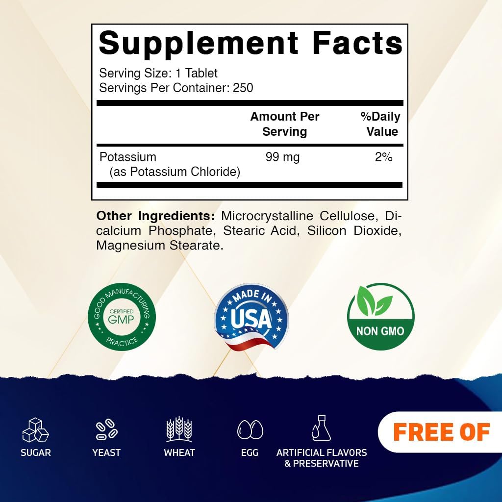 Vitamatic Potassium 99mg – 250 Tablets – Potassium Chloride for Muscle, Heart & Nerve Function – Electrolyte Support – Non-GMO, Gluten-Free