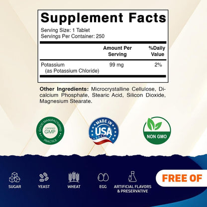 Vitamatic Potassium 99mg – 250 Tablets – Potassium Chloride for Muscle, Heart & Nerve Function – Electrolyte Support – Non-GMO, Gluten-Free