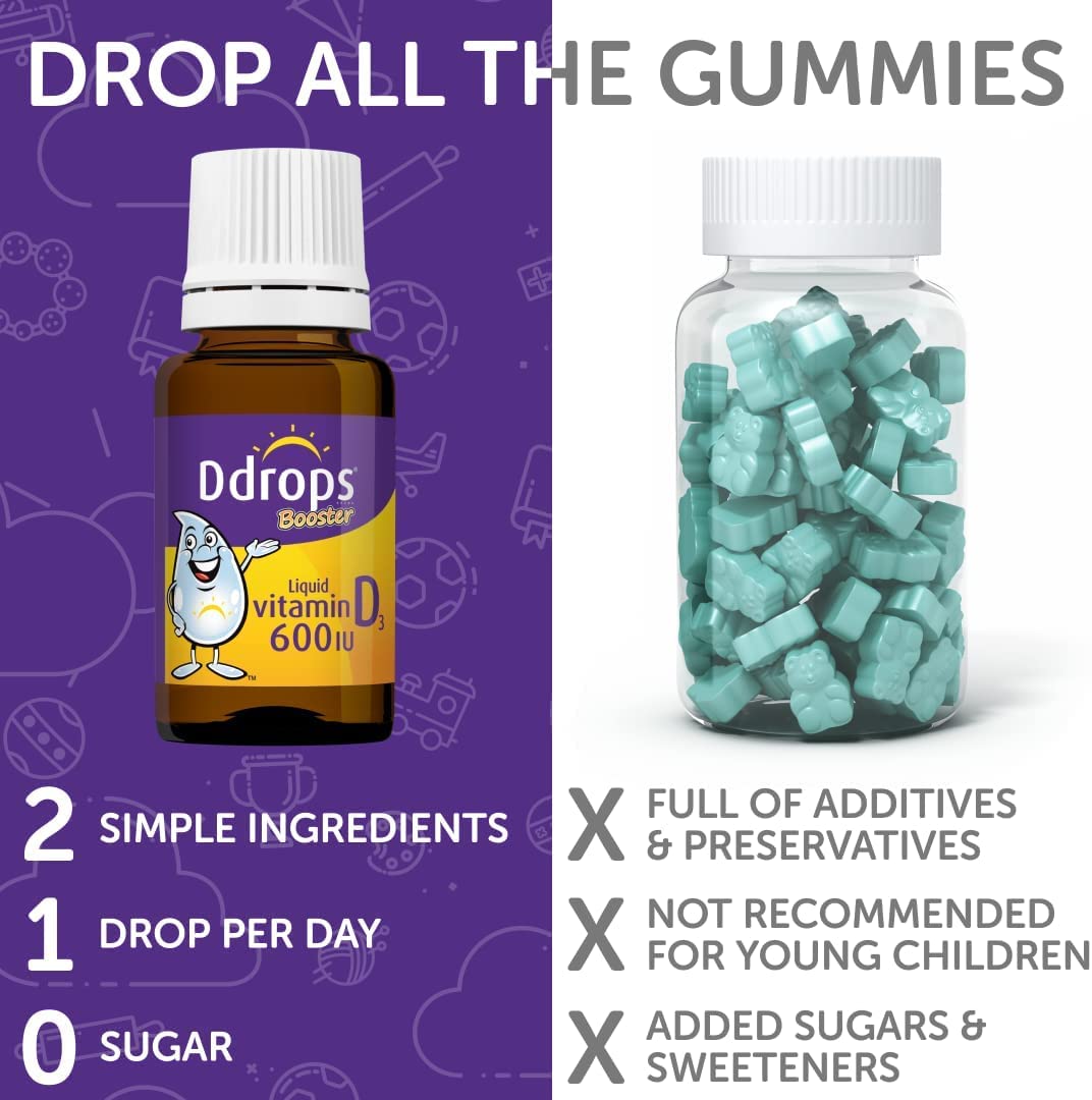 Ddrops Kids Booster 600IU 100 Drops - Daily Liquid Vitamin D for Kids. Support Strong Bones & Immune System in Children. No Preservatives, No Sugar, Non-GMO, Allergy-Friendly