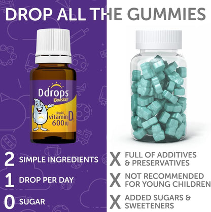 Ddrops Kids Booster 600IU 100 Drops - Daily Liquid Vitamin D for Kids. Support Strong Bones & Immune System in Children. No Preservatives, No Sugar, Non-GMO, Allergy-Friendly