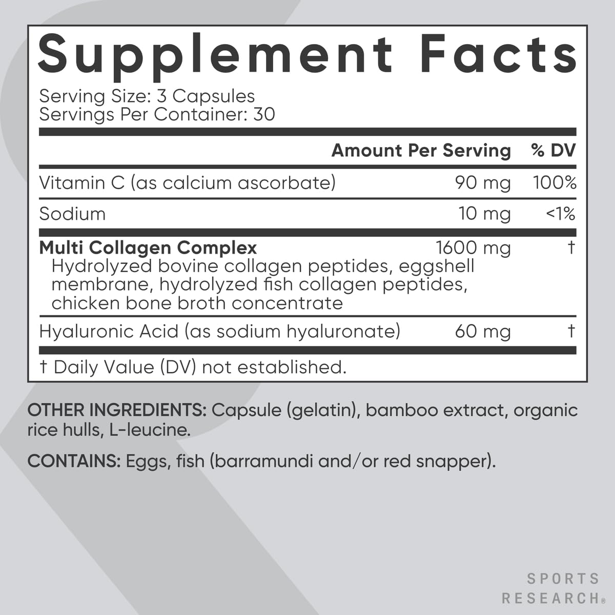 Sports Research® Multi Collagen Pills for Women & Men - Collagen Peptides (Type I, II, III, V, X) Enhanced with Hyaluronic Acid & Vitamin C - Gluten Free · Non-GMO - 90 Capsules