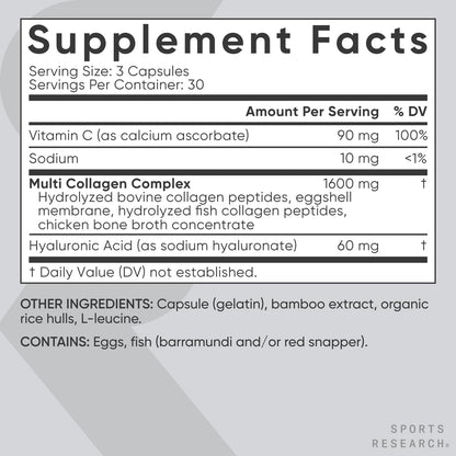 Sports Research® Multi Collagen Pills for Women & Men - Collagen Peptides (Type I, II, III, V, X) Enhanced with Hyaluronic Acid & Vitamin C - Gluten Free · Non-GMO - 90 Capsules