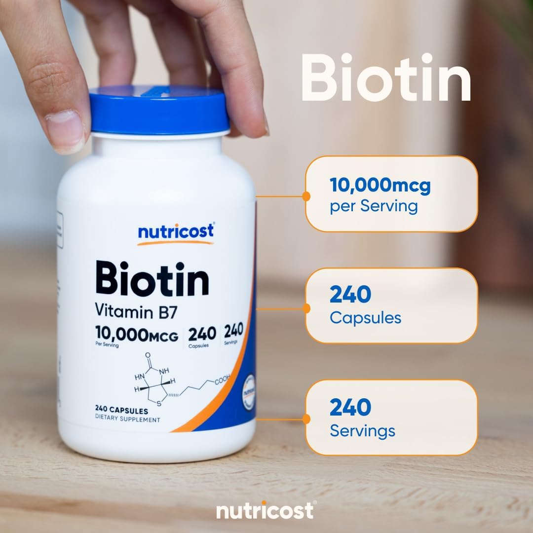 Nutricost Biotin (Vitamin B7) 10,000mcg (10mg) Vitamin Supplement, 240 Capsules - Vegetarian, Gluten Free, Quick Release, Non-GMO
