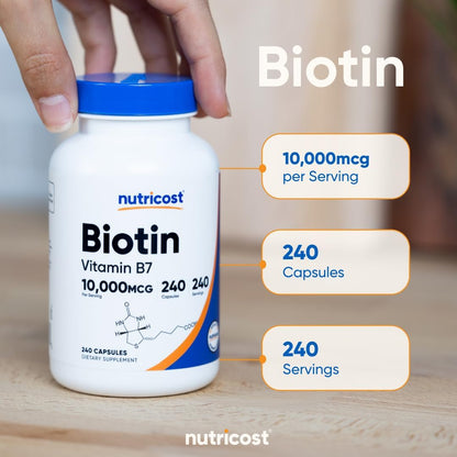 Nutricost Biotin (Vitamin B7) 10,000mcg (10mg) Vitamin Supplement, 240 Capsules - Vegetarian, Gluten Free, Quick Release, Non-GMO