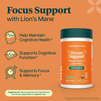 Charlotte's Web Focus Support Mushroom Gummies for Focus and Energy w/Lion’s Mane, Natural Cognitive Support Lions Mane Gummies for Adults — Tangerine Flavor (30 Servings)