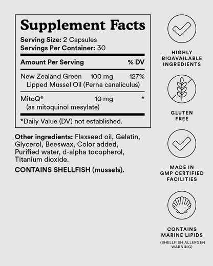 MitoQ +Joint Advanced CoQ10 Antioxidant Supplement - Contains Mitoquinol Mesylate & Green Lipped Mussel Omega Oil Extract - Supports Healthy Joint, Mobility and Cell Vitality (60 Softgel Capsules)