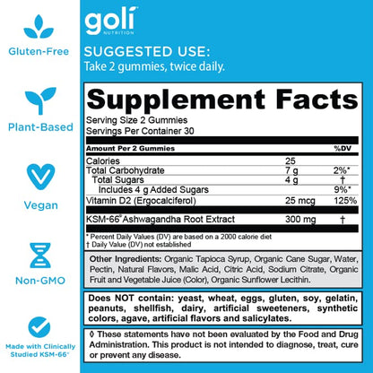 Goli Ashwagandha & Vitamin D Gummy - 300 Count - Mixed Berry, KSM-66, Vegan,