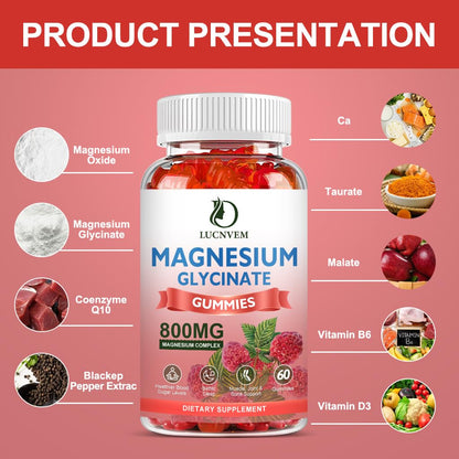 (2 Pack Sugar Free Magnesium Glycinate Gummies, 500mg Magnesium Glycinate with 200mg Magnesium Malate, Taurate, Oxide, COQ10, Vitamin B6 and D3, Sleep & Calm Support, 120 Raspberry Gummies
