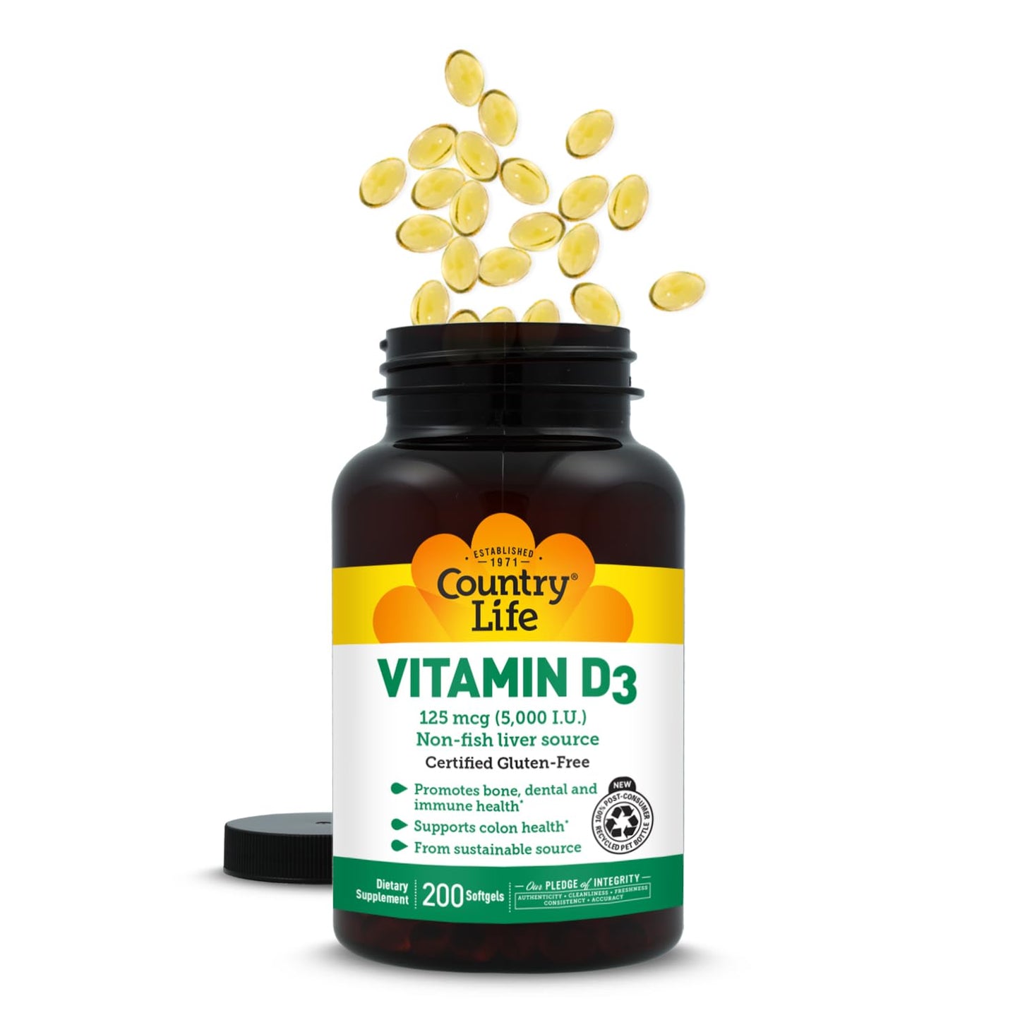 Country Life Vitamin D3 5000 IU for Immune and Bone Health, Calcium Absorption, and Colon Health - Sustainable Source from Lanolin, Available in Various Strengths