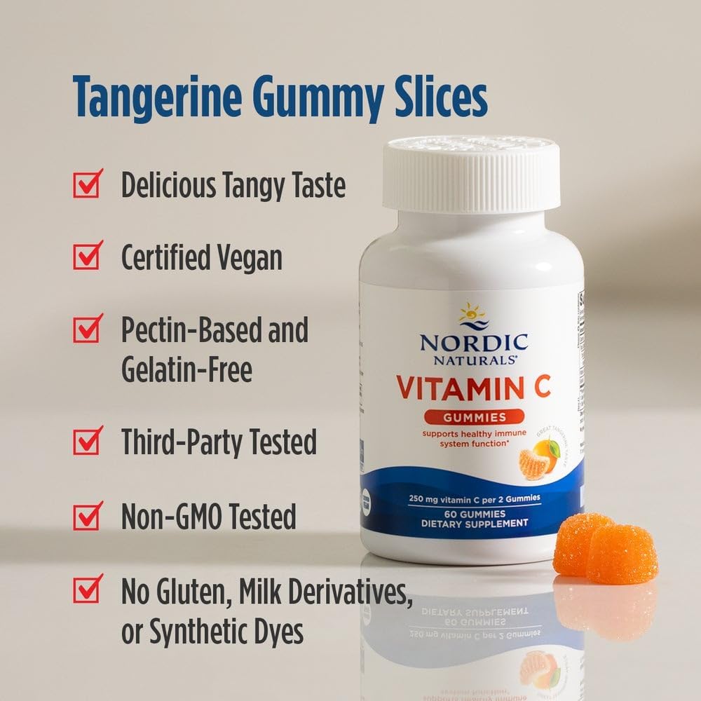 Nordic Naturals Vitamin C Gummies, Tart Tangerine - 120 Gummies - 250 mg Vitamin C - Immune Support, Antioxidant Protection, Child Growth & Development - Non-GMO, Vegan - 60 Servings | Supports immune health, antioxidant protection, child growth & develop
