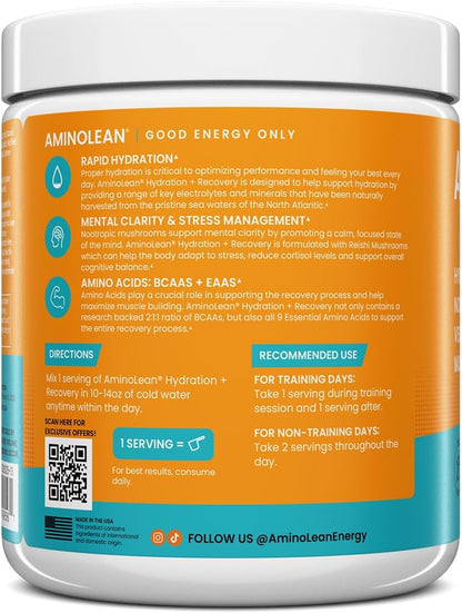 AminoLean Recovery Electrolytes Powder with Vegan BCAA + EAA Amino Acids | 5g Vegan Amino Acids, Hydration, Electrolytes & Nootropic Reishi Mushrooms for Post Workout & Morning Recovery, Sugar Free