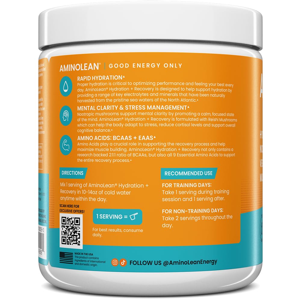 AminoLean Recovery Electrolytes Powder with Vegan BCAA + EAA Amino Acids | 5g Vegan Amino Acids, Hydration, Electrolytes & Nootropic Reishi Mushrooms for Post Workout & Morning Recovery, Sugar Free