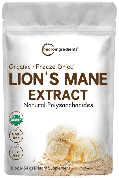 Micro Ingredients Organic Lions Mane Mushroom Supplement Powder 16 Ounce