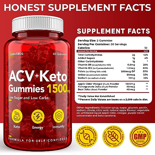Keto ACV Gummies 1500 mg - Low Sugar Green Apple Flavor - Vegan ACV Keto Gummies