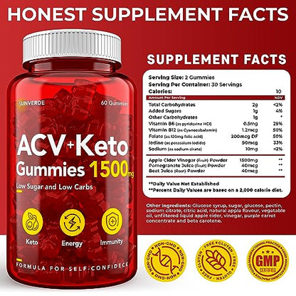 Keto ACV Gummies 1500 mg - Low Sugar Green Apple Flavor - Vegan ACV Keto Gummies