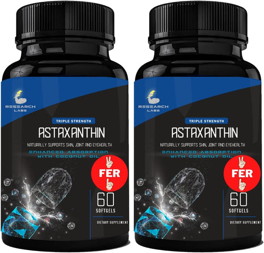 Research Labs Triple Strength Natural Astaxanthin 12mg Softgels + Extra Bottle Organic Coconut Oil for Enhanced Absorption Powerful Antioxidant Supports Eye Joint & Heart Health 120 Total Softgels