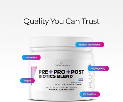 Livingood Daily Pre Pro Post Biotics Blend Powder, Digestive Health Supplement with Prebiotics from Organic Blue Agave Inulin, SBO Probiotics, Probiotics for Women & Men, Non GMO, Vegan, 30 Servings