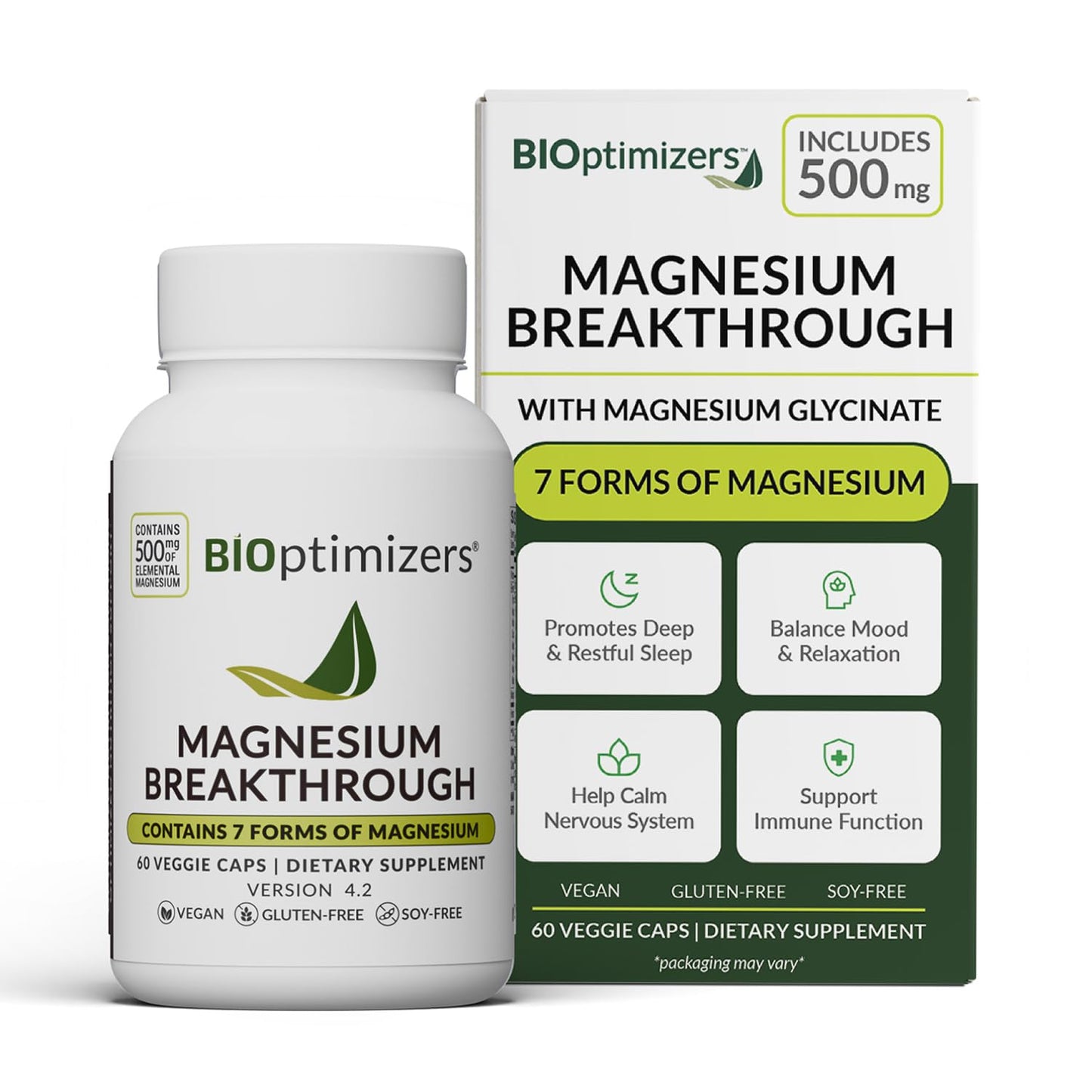 BIOptimizers Magnesium Breakthrough Supplement with 500mg - 7 Forms of Magnesium: Glycinate, Malate, Citrate, and More - Natural Support for Sleep and Cognitive Function -60 Capsules- Calming Vitamins