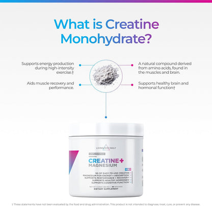 Livingood Daily Creatine + Magnesium Powder, Unflavored | 5g Micronized Creatine Monohydrate with Magnesium for Energy, Muscle Recovery & Performance | 30 Servings