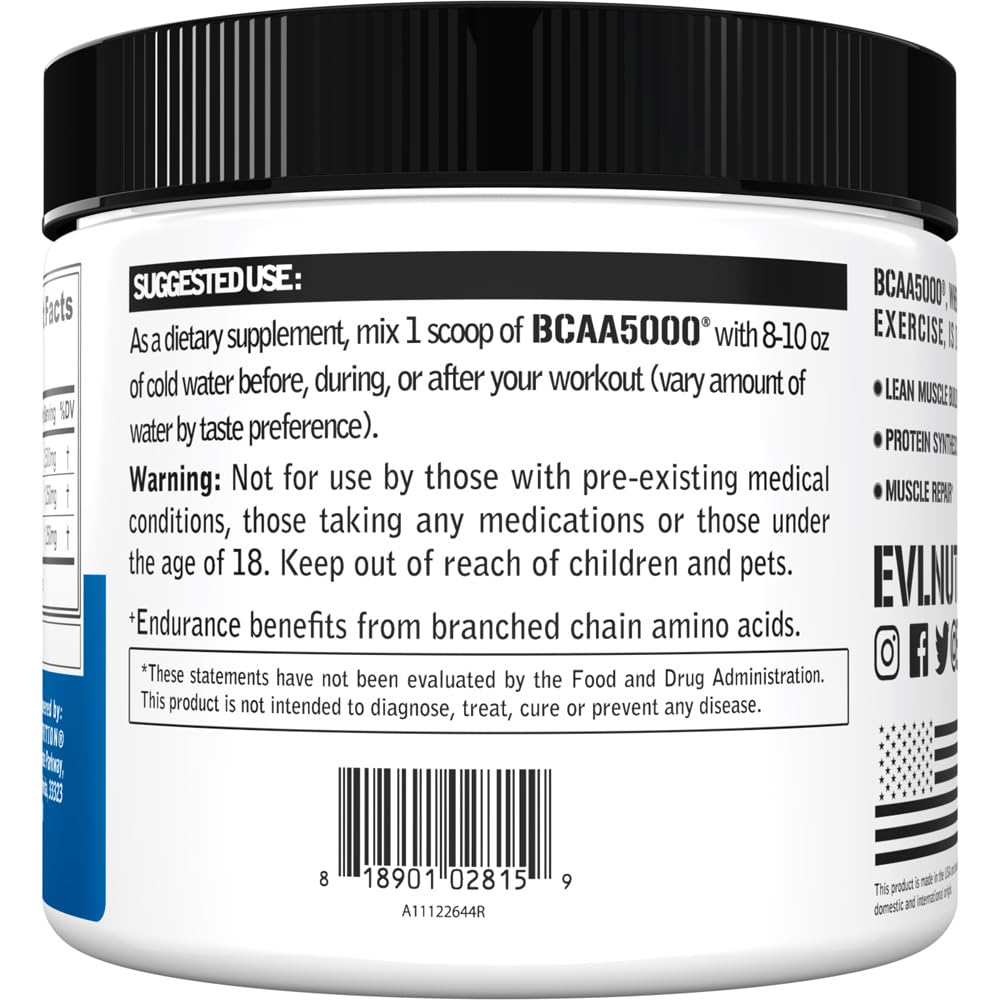 Evlution EVL BCAAs Amino Acids Powder - BCAA Powder Post Workout Recovery Drink and Stim Free Pre Workout Energy Drink Powder - 5g Branched Chain Amino Acids Supplement for Men - Unflavored Powder