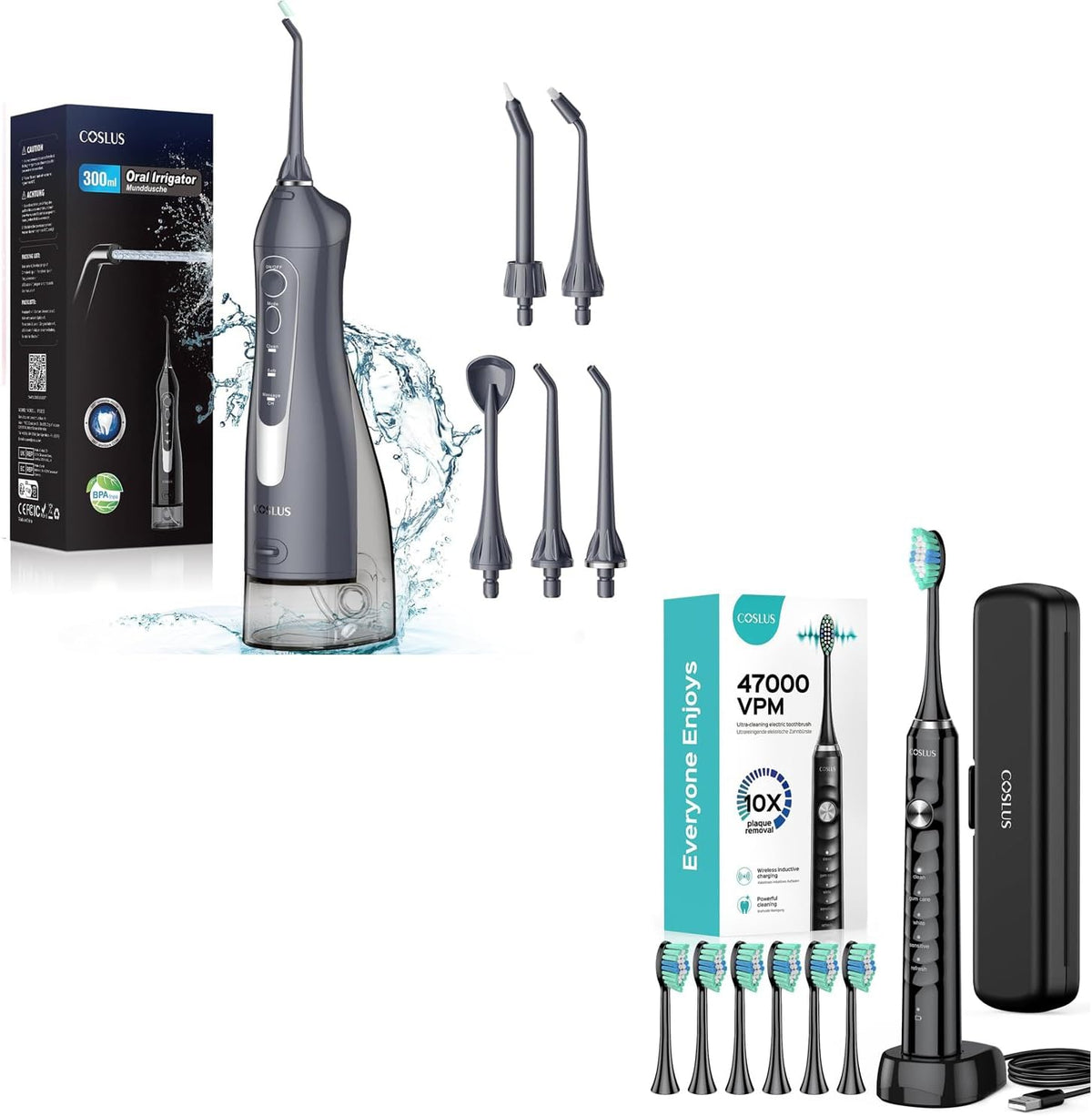 COSLUS Water Dental Flosser Teeth Pick: Portable Cordless Oral Irrigator 300ML Rechargeable and Electric Toothbrush for Adults Kids Wireless Rechargeable Tooth Brush