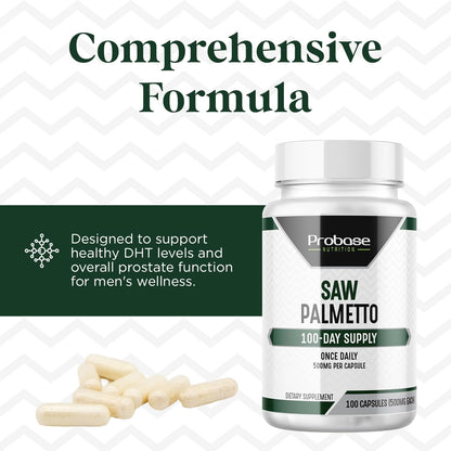 Probase Nutrition Saw Palmetto Herbal Supplement for Prostate and Urinary Health Support, 500mg, 100 Capsules, 3+ Month Supply