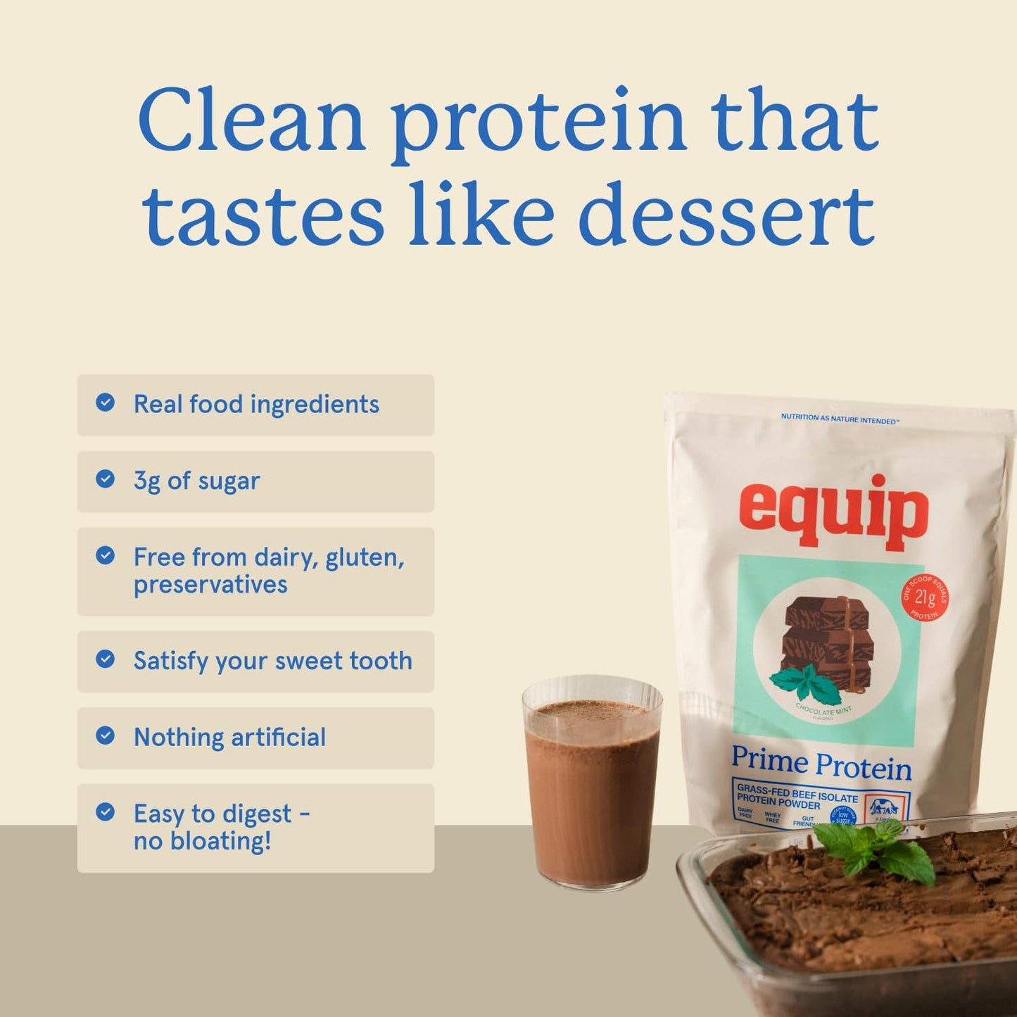 Equip Prime Chocolate Protein Powder - Gut-Friendly, No Sugar Protein Shake Powder with Grass-Fed Beef & Natural Collagen - Rich & Creamy Mix - 21g Per Serving - Whey & Dairy-Free (30 Scoops)