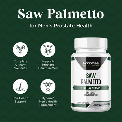Probase Nutrition Saw Palmetto Herbal Supplement for Prostate and Urinary Health Support, 500mg, 100 Capsules, 3+ Month Supply