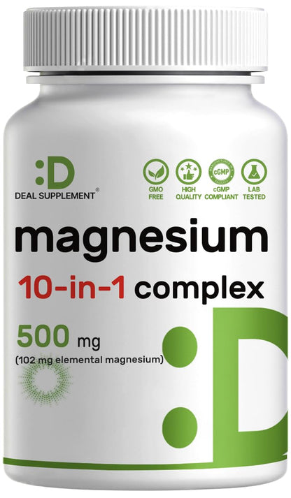 Magnesium Complex 500mg, 240 Veggie Capsules – 10-in-1 Glycinate, Citrate, Malate, Oxide, & More – 100% Chelated for Easy Absorption – Essential Mineral Supplement – Non-GMO