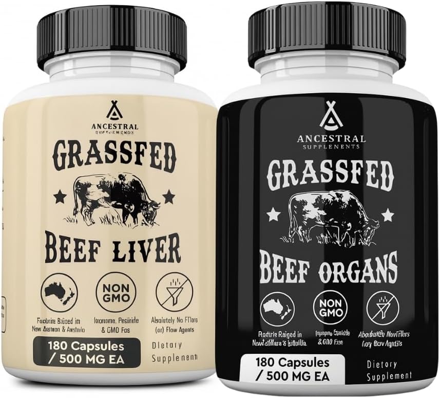 Ancestral Supplements Beef Liver & Beef Organs Bundle – Supports Energy, Immunity & Whole Body Wellness – Grass Fed, Pasture Raised Multivitamin with Liver, Heart, Kidney, Pancreas & Spleen, Non-GMO