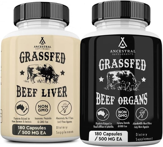 Ancestral Supplements Beef Liver & Beef Organs Bundle – Supports Energy, Immunity & Whole Body Wellness – Grass Fed, Pasture Raised Multivitamin with Liver, Heart, Kidney, Pancreas & Spleen, Non-GMO