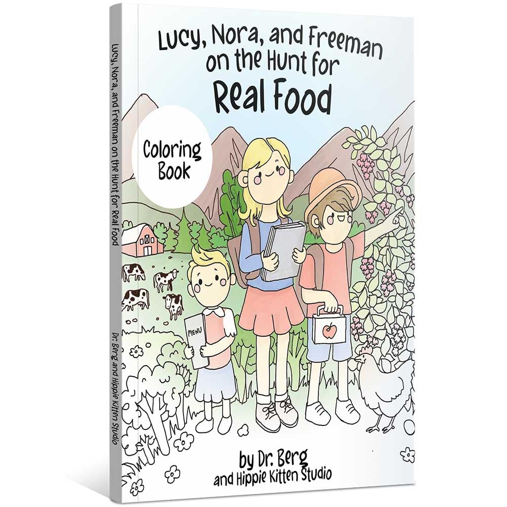 Lucy, Nora, and Freeman on the Hunt for Real Food – Story Book, Coloring Book, Flashcards