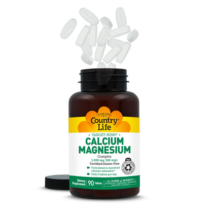 Country Life Target-Mins Calcium Magnesium Supplement for Bone Health, 1000mg Calcium, 500mg Magnesium, Gluten Free, 2:1 Ratio for Optimal Utilization