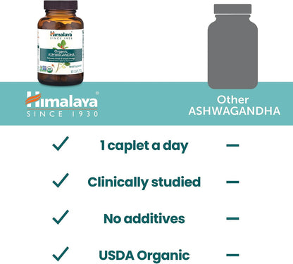 Himalaya USDA Organic Ashwagandha Root, 670 mg, 60 Day Supply, 60 Caplets