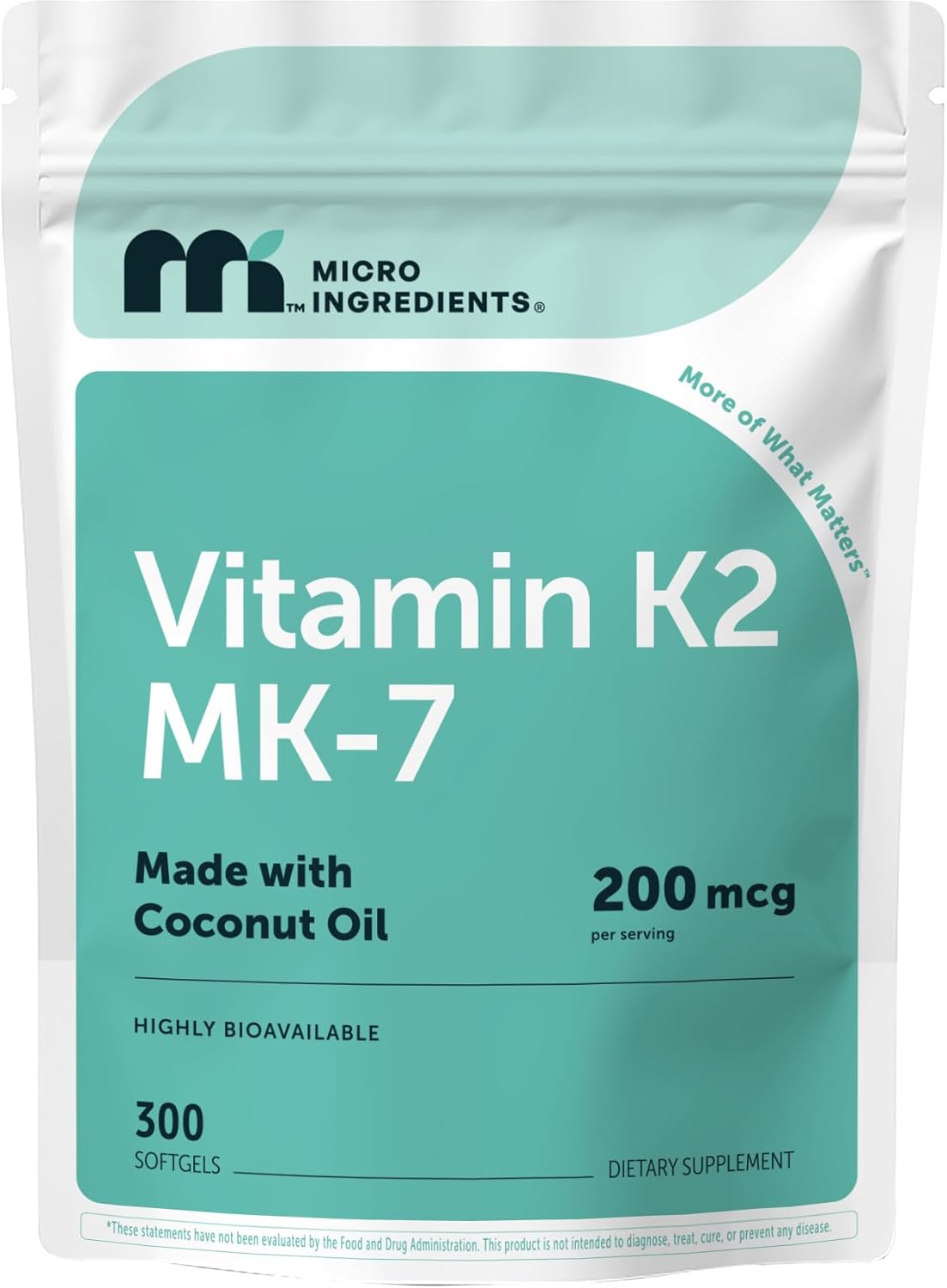 Micro Ingredients Vitamin K2 MK-7 200 mcg Per Serving, 300 Coconut Oil Softgels | K2 Vitamin Supplement with Coconut Oil | Non-GMO