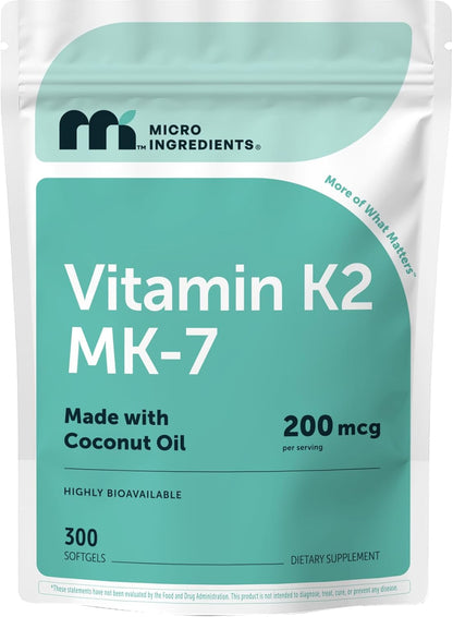 Micro Ingredients Vitamin K2 MK-7 200 mcg Per Serving, 300 Coconut Oil Softgels | K2 Vitamin Supplement with Coconut Oil | Non-GMO