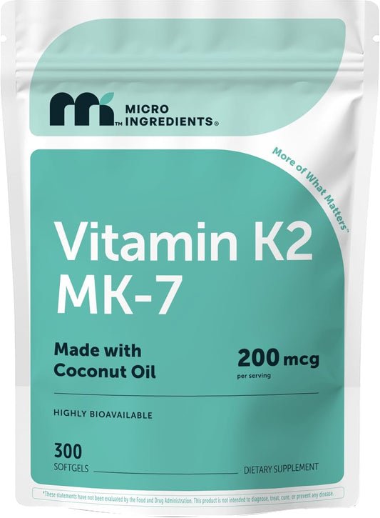 Micro Ingredients Vitamin K2 MK-7 200 mcg Per Serving, 300 Coconut Oil Softgels | K2 Vitamin Supplement with Coconut Oil | Non-GMO