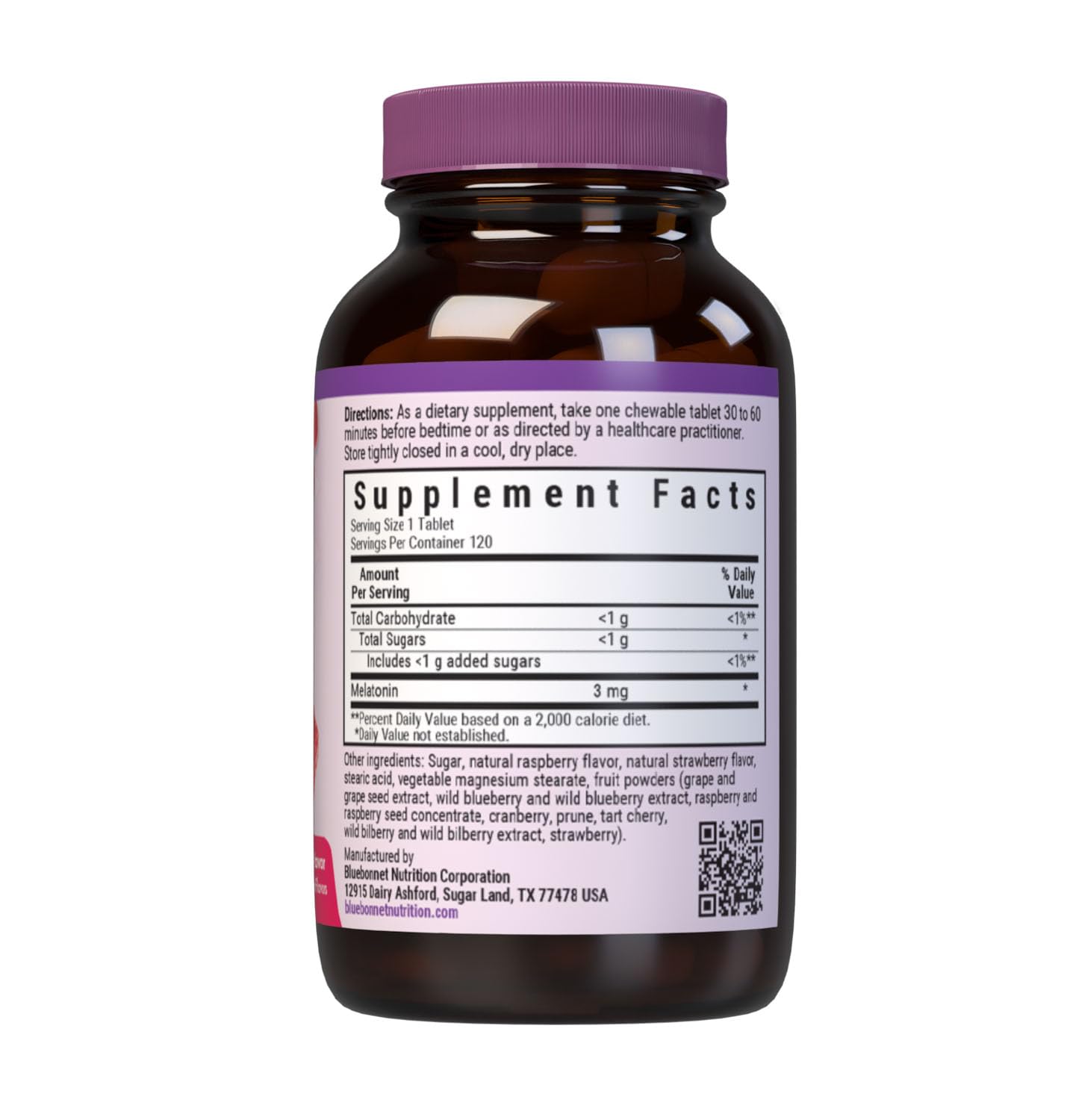 Bluebonnet Nutrition EarthSweet Melatonin 3 mg Fast-Acting Quick Dissolve Nighttime Relaxation & Restful Sleep Support - Sleep Aid - Gluten-Free, Vegan - Raspberry Flavor - 120 Chewable Tablets