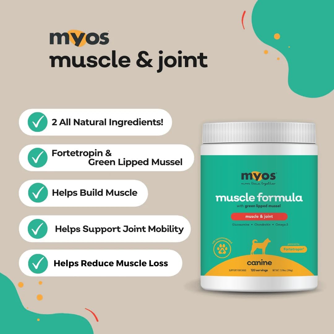 MYOS Muscle & Joint Dog Supplement with Fortetropin and Green Lipped Mussel - Dog Hip and Joint Supplement for Strength and Mobility - Glucosamine and Omega 3 for Dogs - 198g