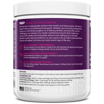 AminoLean Pre Workout Powder & Natural Amino Energy with Vegan BCAA + EAA | Jitter-Free Preworkout Energy from Green Tea + Amino Acids & Weight Management for Women & Men - Vegan, Zero Sugar, No Crash