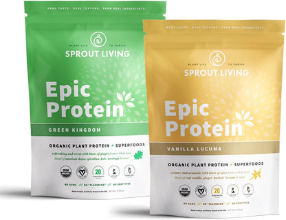 Sprout Living Epic Protein Bundle - Vanilla Lucuma & Green Kingdom (20g Organic Plant-Based Protein Powder, Vegan, Gluten Free, Superfoods) | 1lb, 12 Servings