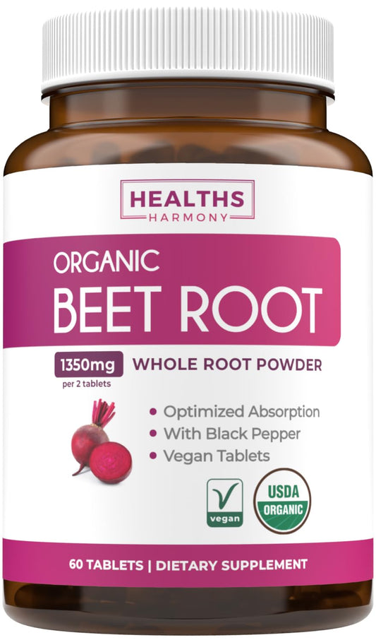 USDA Organic Beet Root Powder (120 Tablets) 1350mg Beets Per Serving with Black Pepper for Extra Absorption - Super Antioxidant and Nitrate Supplement for Athletic Performance and Stamina- No Capsules
